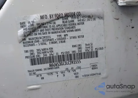 2020 Ford Ecosport Se из США, поврежденный, VIN MAJ6S3GL3LC393555